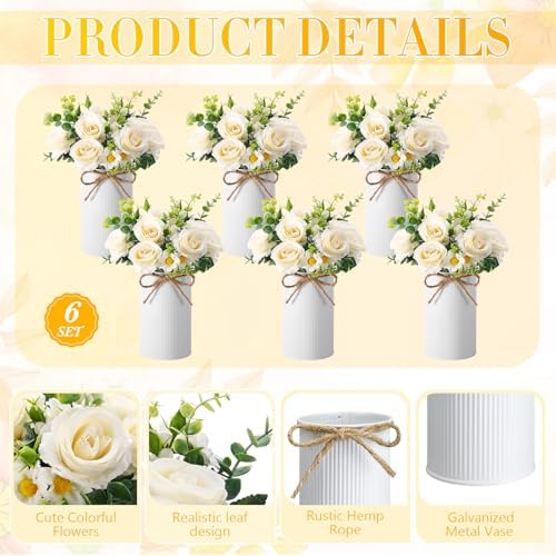 Domensi 6 Sets Wedding Centerpiece for Table Decoration Artificial Fake Rose Flowers with Metal Vase, Faux Silk Rose Bouquet Floral Arrangements for Bridal Shower Home Dining Party (White) - Image 4