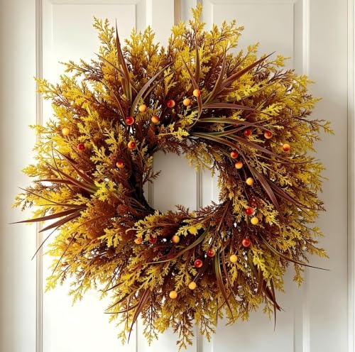28'' Fall Wreaths for Front Door, Autumn Cypress Wreath with Reed Grass,Red Berries, Fall Door Wreath for Home Farmhouse Wall Window Decor for Thanksgiving, Halloween, Harvest Festival by SENCOS