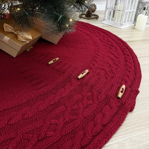 60-Inch Cable Sweater Knit Christmas Tree Skirt with Wooden Toggles, Burgundy - Image 5