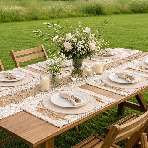 6 Sets Boho Table Runner Placemats Napkins Rings for Dining Table Decor by VALKNUT