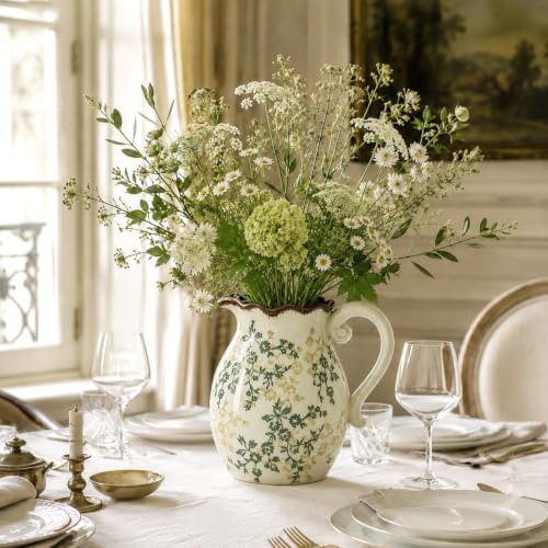 Ceramic Pitcher Vase with Handle, 8.3 Inch Vintage Rustic Farmhouse Vase with Crackle Glaze, Hand-Painted Green Vine Floral, Decorative Water Jug for Living Room, Kitchen, Dining Table Centerpiece - Image 4