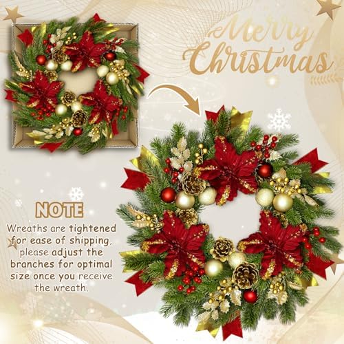 24" Christmas Wreaths for Front Door with Lights & Poinsettia Flowers - Image 4