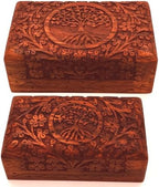 Handcarved Wooden Decorative Treasure Chest Box 8 x 5 Inch Brown Tree Of Life Pattern - Multipurpose Use as Sister gifts for Jewelry Storage, Watch Box, Grandma Gifts Pack fo 2 Boxes - Image 2