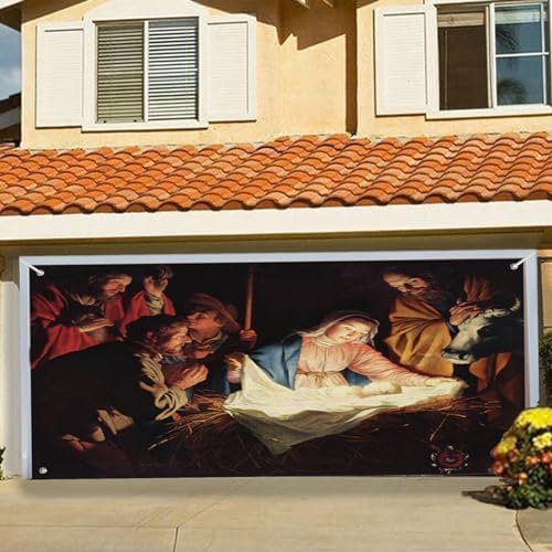 Christmas Garage Door Decorations Nativity Door Cover Hanging Xmas Garage Door Banner Nativity Scene Backdrop Mural for Home Outdoor Indoor Holiday Party Wall Window Yard, 6 x 13 ft,E - Image 2