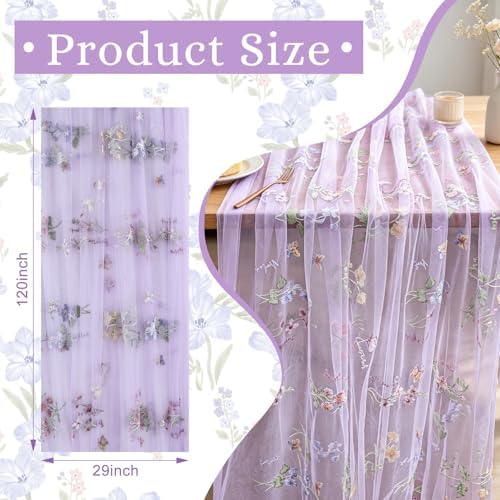 BINBE 12pcs Purple Florals Table Runner Embroidery Gauze 10FT Daisy Seasonal Tulle Birthday Wedding Holiday Kitchen Dining Table Decor for Home Party - Image 2