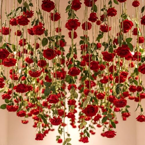 Lyrow 120 Pack Red Roses Artificial Flowers Bulk Hanging Floating Garland Fake Red Rose Vine for Ceiling Decoration Wedding Anniversary Bridal Bouquet DIY Floral Arrangement Proposal Romantic Decor by Lyrow