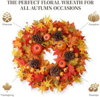 Fall Wreaths for Front Door 24 Inch Fall Wreath with Orange Pumpkins Pinecones Maple Leaves Large Berries Autumn Wreath for Thanksgiving Harvest Wall and Porch Farmhouse Decor - Image 2