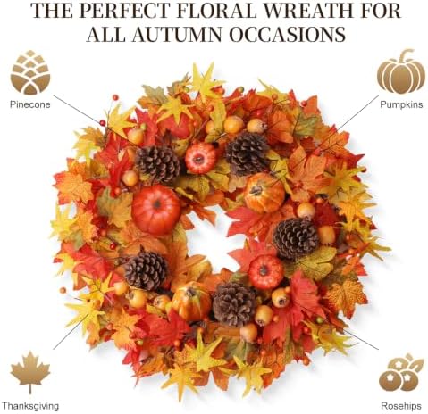 Fall Wreaths for Front Door 24 Inch Fall Wreath with Orange Pumpkins Pinecones Maple Leaves Large Berries Autumn Wreath for Thanksgiving Harvest Wall and Porch Farmhouse Decor - Image 2