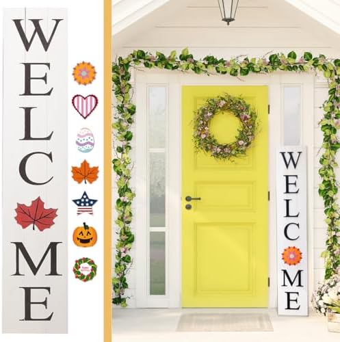 Extra Large 5FT Premium Wooden Interchangeable Welcome Sign for Front Door Porch Sign - 5 ft (58 x 11 Inch) 8 Magnetic Seasonal Tiles, Fall Porch Signs, Holidays and Seasons, Weather Resistance Standing welcome sign Outdoor and Indoor (White) by Alben