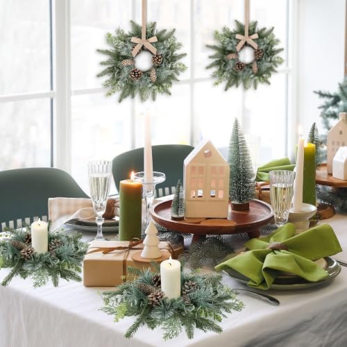 8 PCS Christmas Mini Cabinet Wreaths for Kitchen with Burlap Ribbon Norfolk Snowy Pine Needles Garland Pinecones Artificial Cedar Wreaths for Xmas Front Door Window Home Table Pillar Chair Wall Decor - Image 5