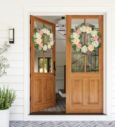 Spring Summer Wreath for Front Door with Large Roses, Hydrangeas for All Seasons Indoor Outdoor Use, 24" Silk Floral Wreath Spring Summer Decorations for Home, Porch, Wall, Farmhouse, Wedding Decor - Image 4