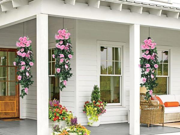 RECUTMS 4Pcs Artificial Pink Rose Hanging Plants Silk Ivy Garland Outdoors - Image 4
