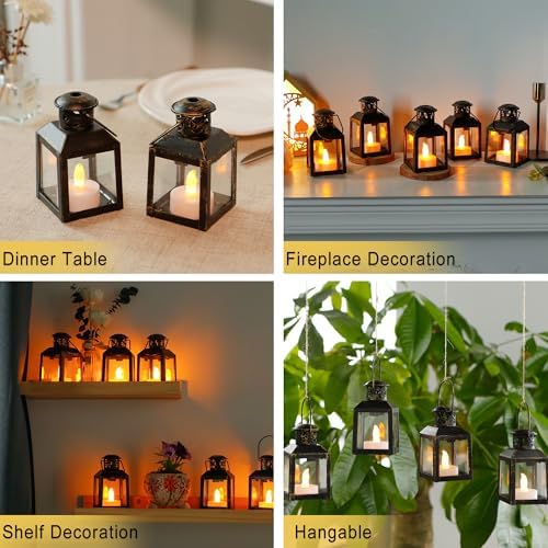 TRIROCKS 6 Pcs Small Metal Candle Lanterns Vintage Hanging House Tealight Lantern Decorative Candle Tea Light Holders for Table Valentine Patio Indoor Outdoor Gifts(Black with Gold Brush) - Image 6