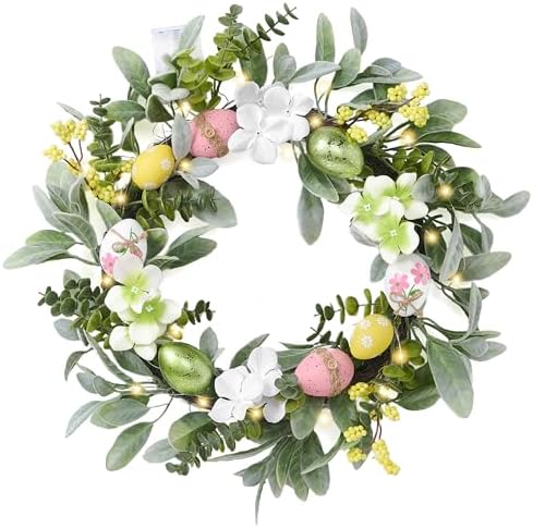 Valery Madelyn 18'' Lighted Easter Wreaths for Front Door, Pre-lit Spring Door Wreath with Pastel Eggs, Daisy Flowers & Silk Lambs Ear Leaves, Artificial Farmhouse Indoor Outdoor Wall Window Decor by ValeryMadelyn