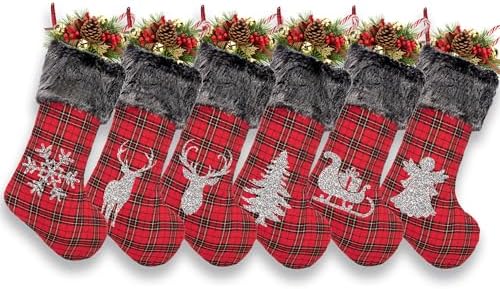 LUBOT Set of 6 Christmas Stockings(20inch) Large Family Xmas Stocking Glitter Silhouette Buffalo Red Plaid Rustic Farmhouse Country Fireplace Hanging Decorations by LUBOT