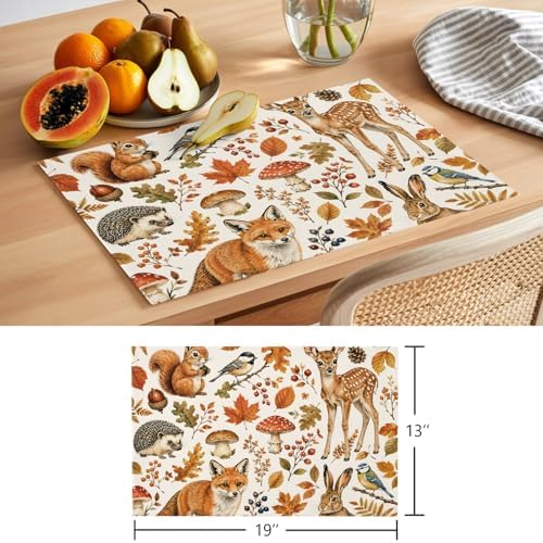 Thanksgiving Placemats Set of 8,Cotton Linen Fabric Place Mats,Fall Fox Squirrel Rabbit Mushroom Maple Leaves Decorative Table Mats Protector for Home Kitchen Dining Wedding Party Coffee Tables - Image 6
