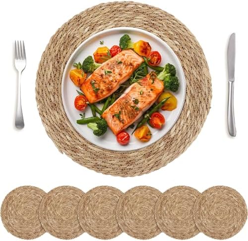 Kochorie Set of 6 Round Woven Placemats 15 Inch Bulrush Placemats Natural Handwoven Boho Rattan Wicker Table Mats for Farmhouse & Home Dining by Kochorie