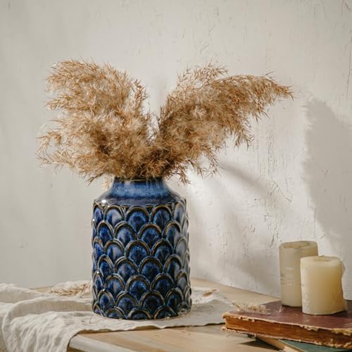 Ceramic Flower Vase, 7.28” Vintage Blue Pottery Vase for Home Decor, Rustic Textured Vase for Pampas Grass, Living Room, Entryway, Mantel, Kitchen Table, Centerpiece - Image 7