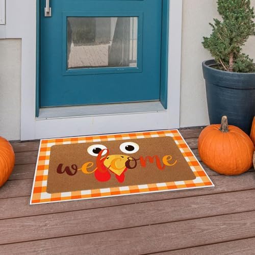 Tinideya 2 Pcs Thanksgiving Welcome Doormat 23x35 in Layered Buffalo Plaid Carpet Coquette Nonslip Fall Orange Turkey Bathroom Coir Mats for Entrance Porch Indoor Outside Home Decor Gift Supplies - Image 2