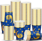 Domensi 100 Pack Eid Mubarak Paper Cups Gold Foil Disposable, Blue by Domensi