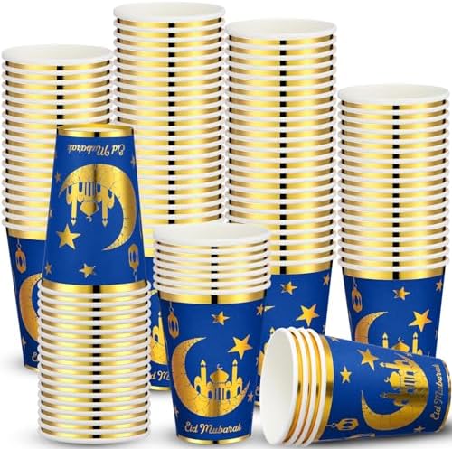 Domensi 100 Pack Eid Mubarak Paper Cups Gold Foil Disposable, Blue by Domensi