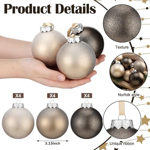 Yunlly 12 Pcs Neutral Christmas Ornament, Bronze Champagne Gold, 3.15'' - Image 3