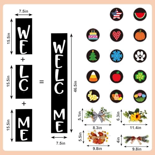 Whaline Seasonal Interchangeable Welcome Sign for Front Porch Standing 47 x 7.9 Inch Wood Door Signs with 14 Signs & 4 Pcs Wreaths for Seasonal Farmhouse Home Party - Image 2