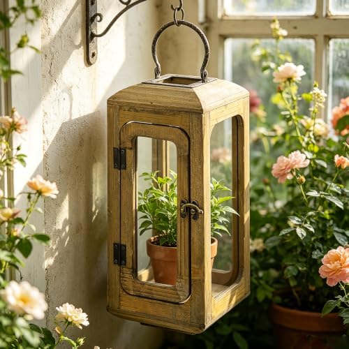 14" High Decorative Wood and Glass Lantern with Metal Handle, Distressed Brown, Candle Holder (Distressed Brown, Small) - Image 4