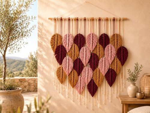 Macrame Wall Hanging Large, Boho Wall Decor, Leaf Macrame Wall Art, Woven Cotton Tapestry for Bedroom Living Room (Pink and Wine) 39" x 31" - Image 7