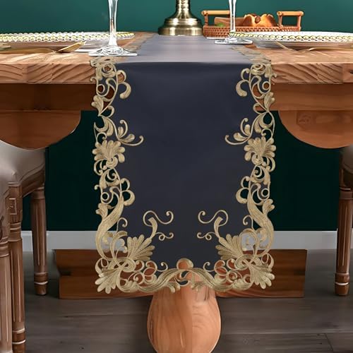DECOZEN Gold Lace Blue Christmas Table Runner – Luxury Embroidered Dining & Dresser Decor Scarf for Holiday Tables, Weddings & Parties – 14 x 108 in Elegant European Tarantino Collection Gift Idea by Decozen