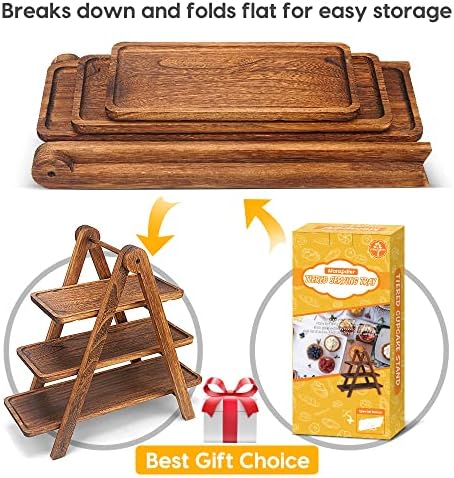 Manspdier Extra Large Wood 3 Tier Serving Tray Three Tiered Cupcake Stand, Rectangle Serving Platter Wooden Farmhouse Tiered Tray, Party Serving Brown Decorative Tray Decor - Image 7