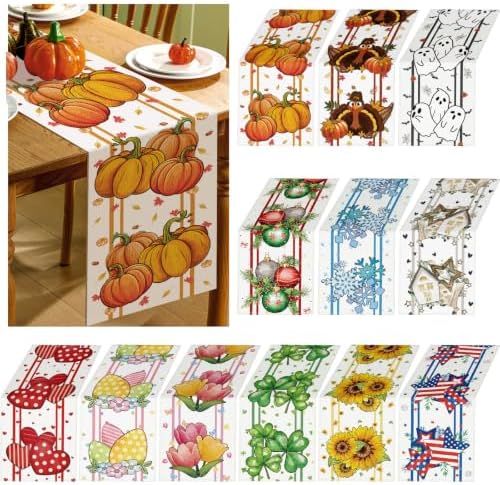 Honeydak 12 Pcs Holiday Table Runner Seasonal Farmhouse Table Decor 13 x 72 Inch Thanksgiving Christmas Decorations Fall Halloween for Home Party Dining Room Kitchen by Honeydak