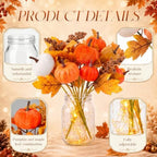 6 Set Fall Mason Jar Centerpiece Table Decor for Dining Room Thanksgiving Flowers Farmhouse Coffee Table Decor with Pumpkin Bouquets and String Light for Kitchen Living Room Wedding Home - Image 4
