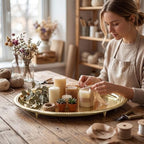 Hushee 15.7 Inch Gold Metal Decorative Tray with Feet Vintage Round Embossed Coffee Table Serving Tray for Candles Jewelry Living Room Entryway Dining Room - Image 3