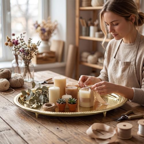 Hushee 15.7 Inch Gold Metal Decorative Tray with Feet Vintage Round Embossed Coffee Table Serving Tray for Candles Jewelry Living Room Entryway Dining Room - Image 3