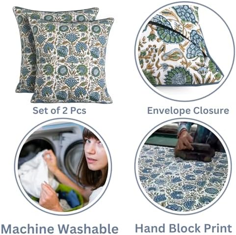 Ridhi Block Print Asparagus Green Pillow Cover 18" x 18" (Pack of 2) Decorative Couch Pillows for Living Room, Farmhouse Chic Boho Cute Outdoor Pillows Covers Gifts for Spring, Mother's Day - Image 3