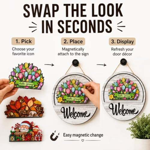 16/12 Pcs Interchangeable Welcome Sign for Front Door, 12 Inch Magnetic Seasonal Wood Hanging Sign for Holidays and Housewarming Gift (12PCS) - Image 4