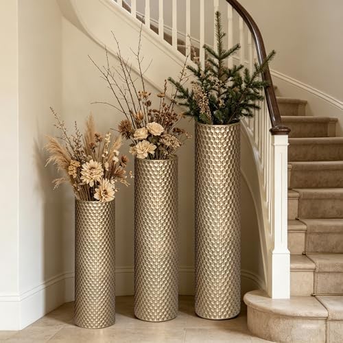 Gold Tall Floor Vase - Set of 3 Brass Large Metal Decorative Vases - Image 4