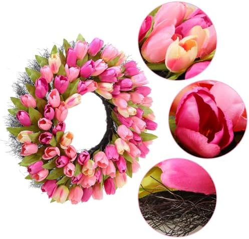 Wreaths, Tulip Wreath, 24 Inch Wreath for Front Door, Spring Wreaths with Metal Hanger, for Summer and Winter, Indoors,Outdoors, corridors, Offices. (Pink) - Image 3
