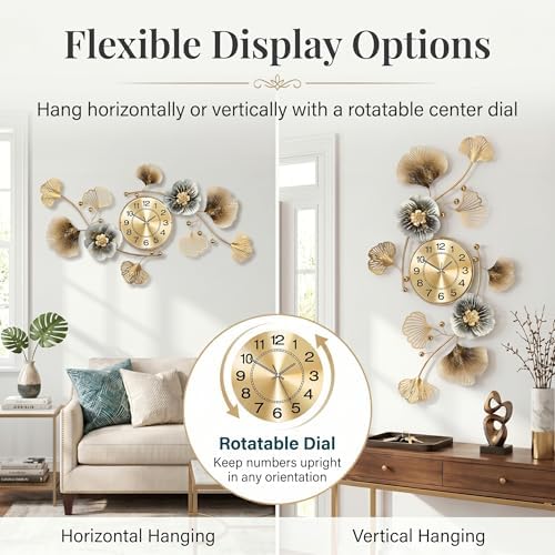 47" 3D Ginkgo Leaf Metal Wall Clock for Home Wall Decor - Image 2