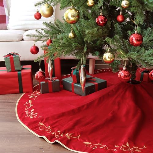 Bunny Chorus Christmas Tree Skirt, 60 Inch Red Christmas Tree, Large Rustic Velvet Fur Plush Tree Skirts, Xmas Tree Skirts with Gold Embroidered Holly Leaf for Christmas Tree Decorations - Image 5