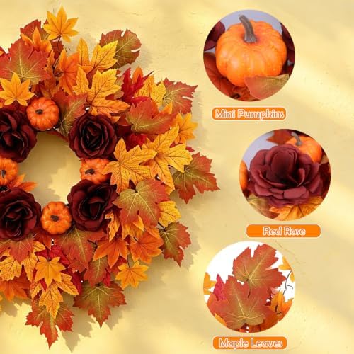 26Inch Fall Wreaths for Front Door, Autumn Door Wreath with Pumpkin,Rose,Berries for Indoor Outdoor Decor Thanksgiving Harvest Festival Celebrations - Image 2