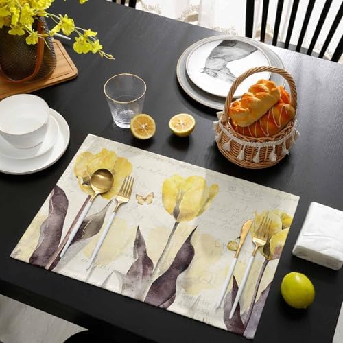 Yellow Tulip Placemats Set of 4, Rustic Floral Brown Leaves Butterfly Vintage Beige Placemats for Dining Table Place Mats for Kitchen Table Waterproof Table Mats, Wipeable Dining Table Set - Image 3