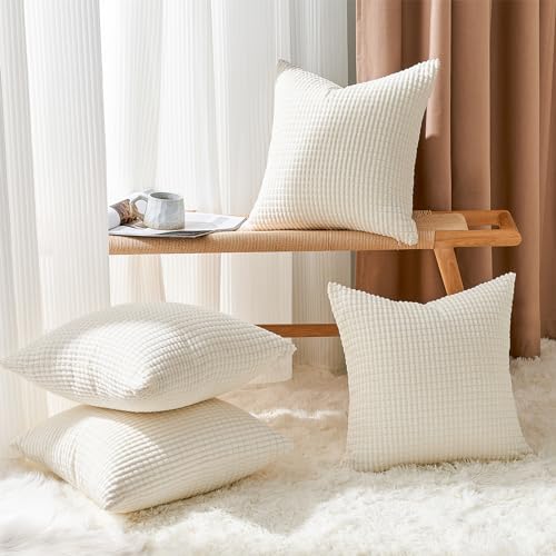 Topfinel 24x24 Inch Small Throw Pillow Covers Pack of 4 for Living Room Couch Bed Soft Corduroy Windmill Textured Boho Striped Patchwork Pillow Covers House Decor,Cream - Image 3