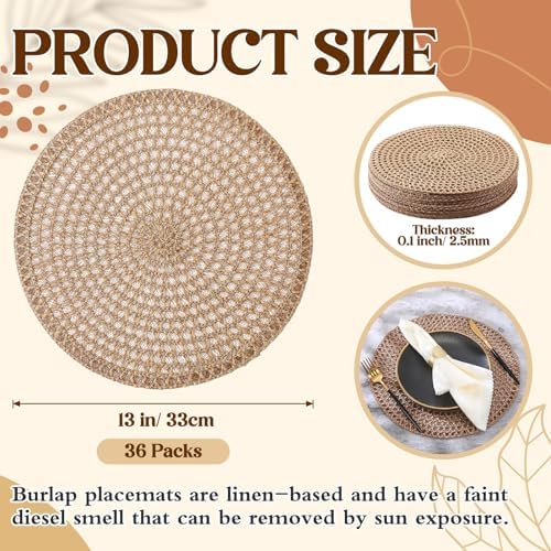 36 Pcs 13 Inch Round Woven Natural Placemat Burlap Boho Charger - Image 2