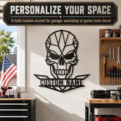 Personalized Skull Metal Sign, Custom Name Garage Decor, Geometric Wall Art - Image 2