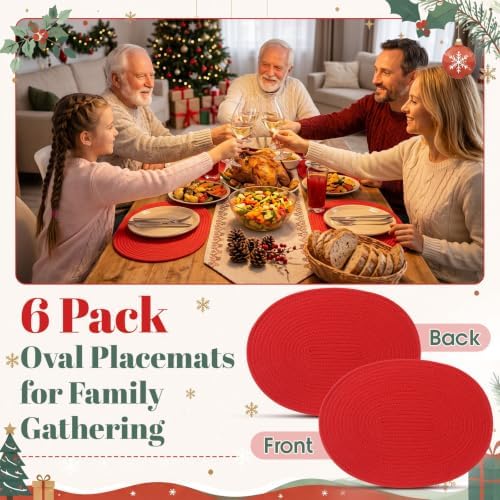 Oval Woven Placemats Set of 6, Cotton Rope 16x12 Inch, Red - Image 5
