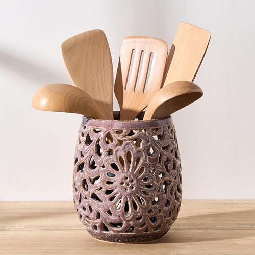 Farmhouse Kitchen Utensil Holder for Kitchen Counter, Ceramic Large Cooking Utensil Crock with Cork Mat, Countertop Cooking Tool Spatula Organizer, Purple Antique Design by JHJIEMEIHOME