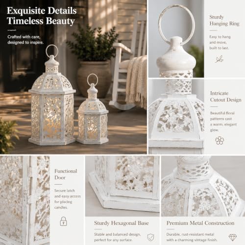 Lanterns Decorative Outdoor&Indoor, Set of 2 (15"&7") White Metal Lantern Decor, Candle Holder for Porch, Patio, Christmas, Balcony, Wedding, Table Centerpiece - Image 2