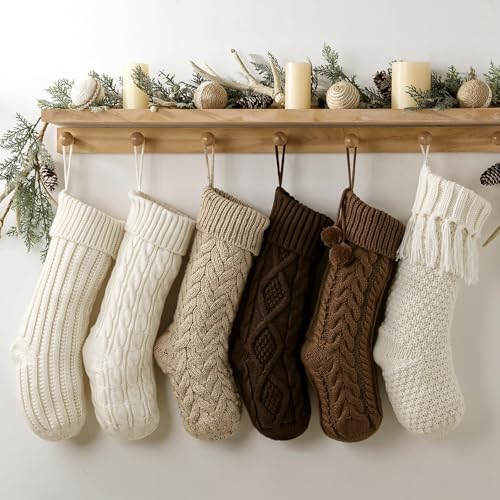 Farmhouse Knitted Personalized Christmas Stockings: 6 Pack 18 Inch Earth Tones Christmas Stockings, Rustic Cozy Hanging Xmas Stockings Decorations for Family Holiday Decor, White Beige Brown - Image 6